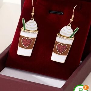 Coffee Cup Heart Dangle Earrings - White, Brown, Red, Green
